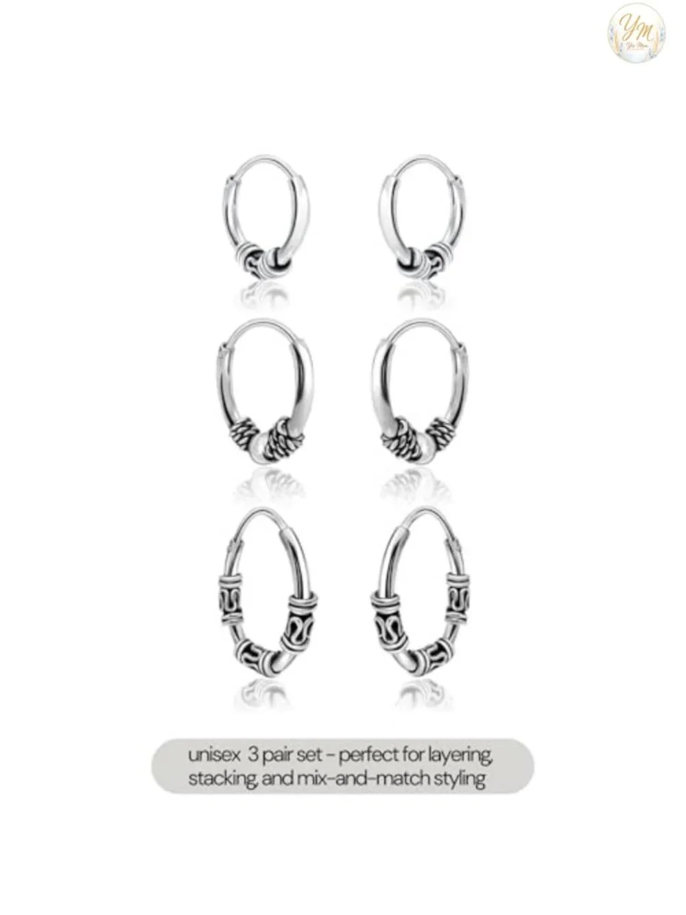 925 Sterling Silver Bali Bead Endless Hoop Earrings Set of 3 Pairs
